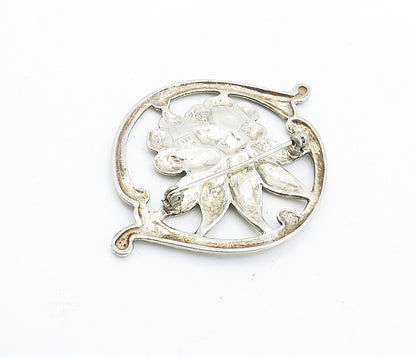 925 Sterling Silver  Vintage Shiny Double Flower Round Brooch Pin  BP2679