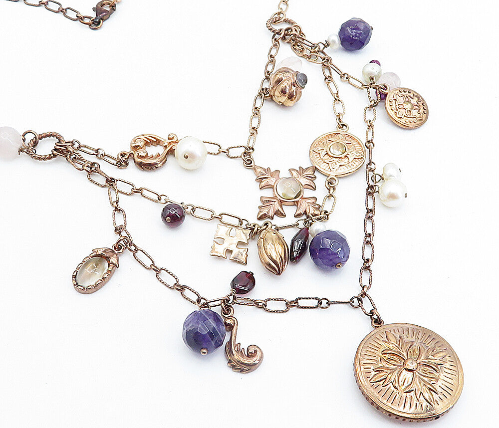 925 Silver  Vintage Pearls Amethyst & Quartz Floral Chain Necklace  NE1017