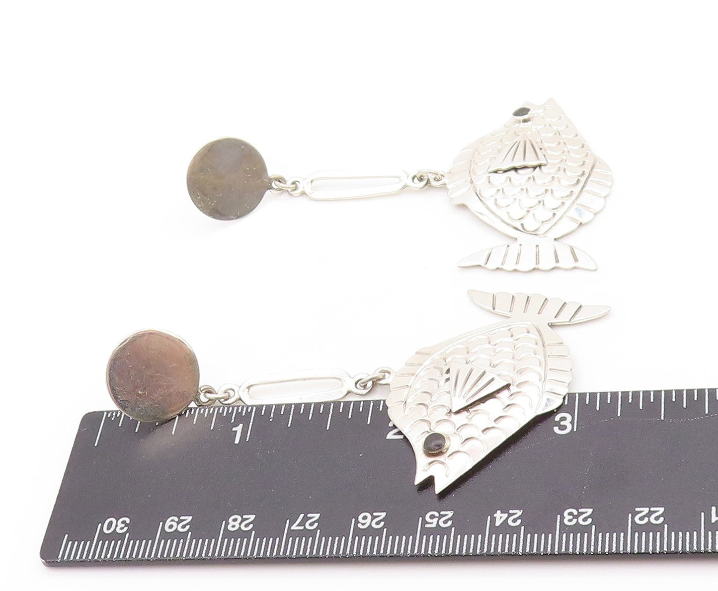 925 Sterling Silver Vintage Earrings MEXICO Onyx Eyed Tropical Fish  EG13586