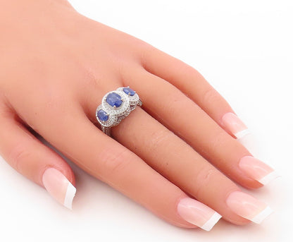 925 Sterling Silver Vintage Ring Oval Sapphire Halo CZ Inlay  Sz 7.5  RG30914