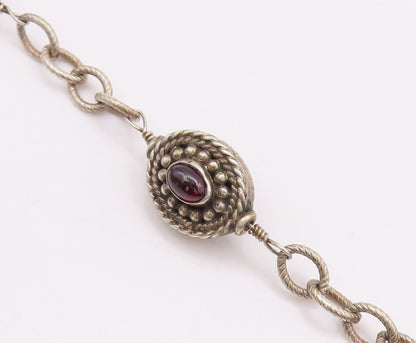 925 Sterling Silver Vintage Bracelet Beaded & Roped Oval Garnet  BT10631
