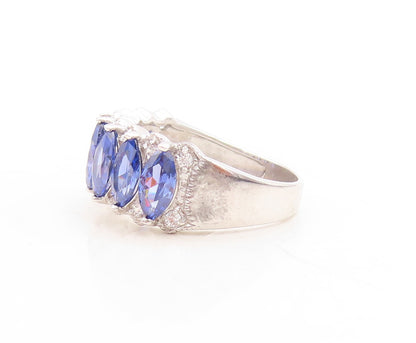 925 Sterling Silver Vintage Ring Marquise Cut Sapphire & CZ Inlay Sz 7.5 RG30089