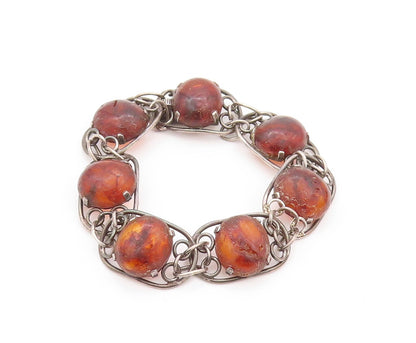 925 Sterling Silver Vintage Bracelet POLAND Brutalist Design Large Amber BT10815