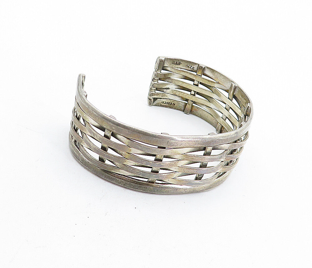 MEXICO 925 Silver  Vintage Dark Tone Basket Weave Design Cuff Bracelet  BT1604