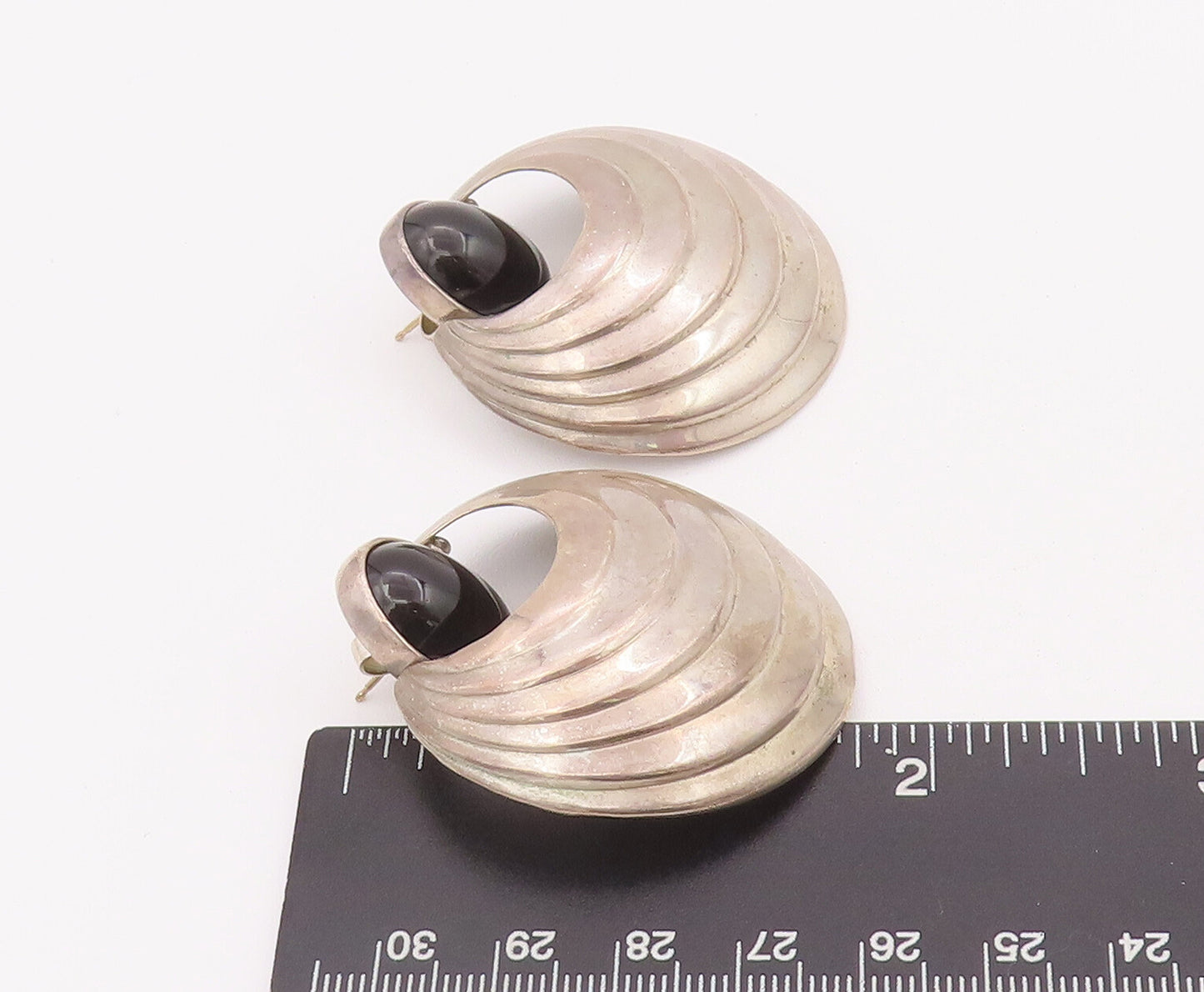 14k Gold 925 Sterling Silver Vintage Earrings Domed Grooved Oval Onyx  EG12927
