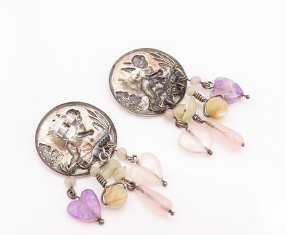 925 Sterling Silver Vintage Earrings FMW Flying Angle Dangling Gemstones EG12979