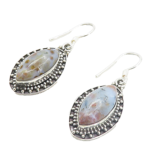 925 Sterling Silver  Vintage Cabochon Cut Spotted Agate Drop Earrings  EG3478