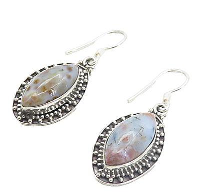 925 Sterling Silver  Vintage Cabochon Cut Spotted Agate Drop Earrings  EG3478