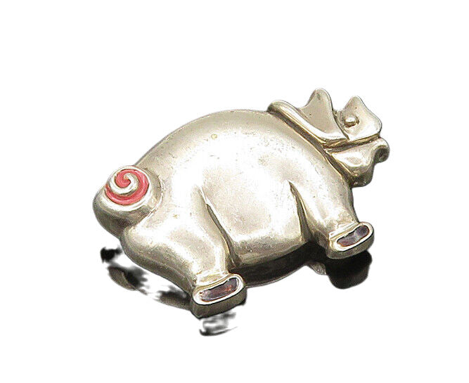 925 Sterling Silver  Vintage Shiny Enamel Detail Pig Motif Brooch Pin  BP8382