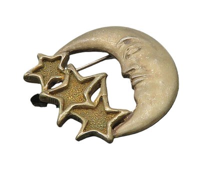 925 Sterling Silver  Vintage Crescent Moon Face & Stars Brooch Pin  BP7717