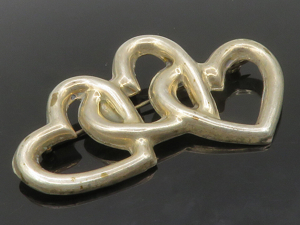 MEXICO 925 Silver  Vintage Triple Open Love Heart Smooth Brooch Pin  BP5281