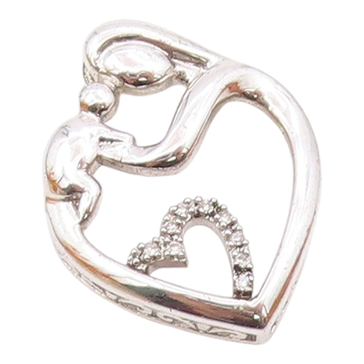 925 Sterling Silver  Genuine Diamonds Mom & Baby Love Heart Pendant  PT7849