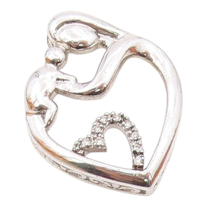 925 Sterling Silver  Genuine Diamonds Mom & Baby Love Heart Pendant  PT7849