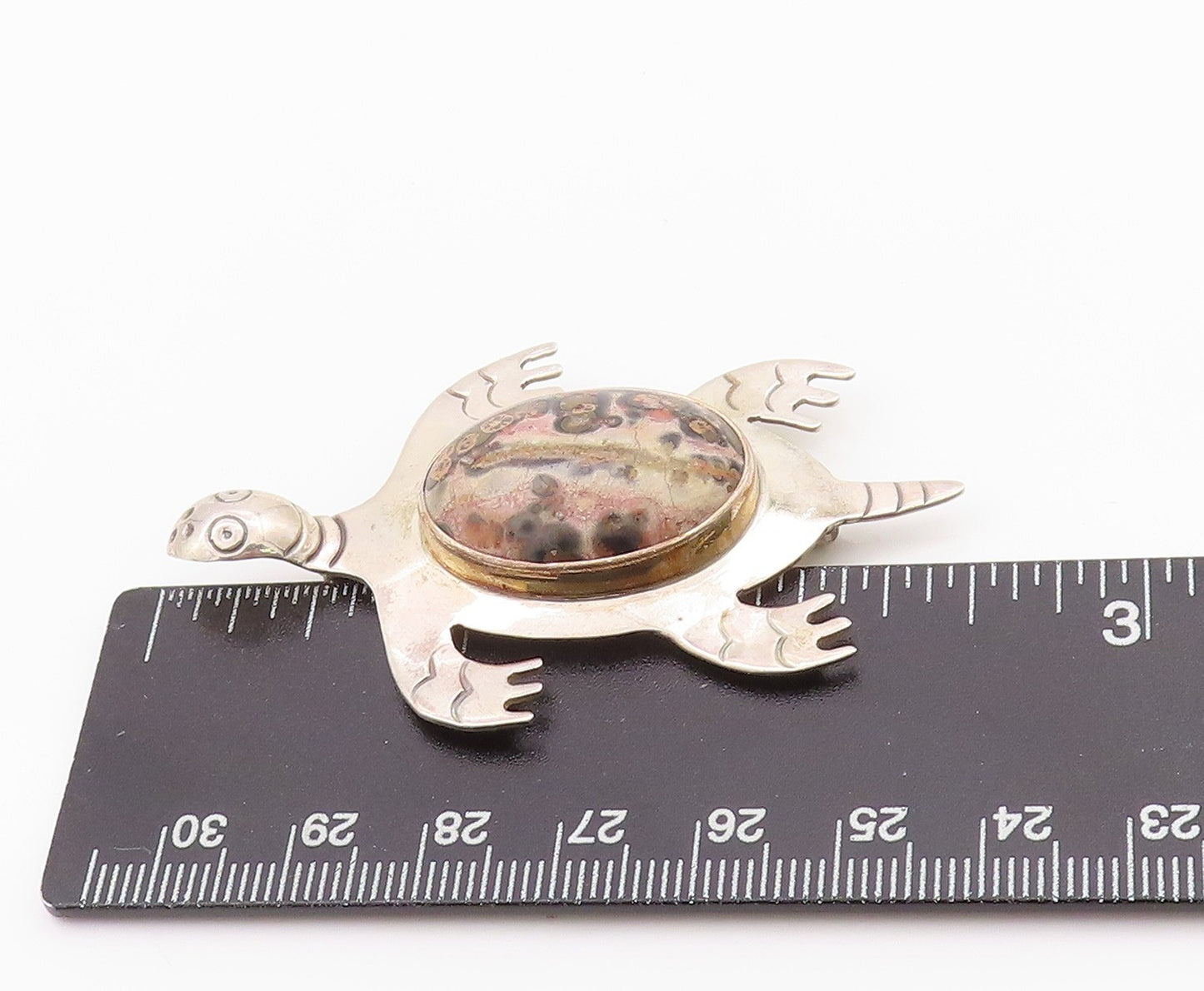 925 Sterling Silver Vintage Brooch MEXICO Oval Gemstone Turtle Cutout  BP11655
