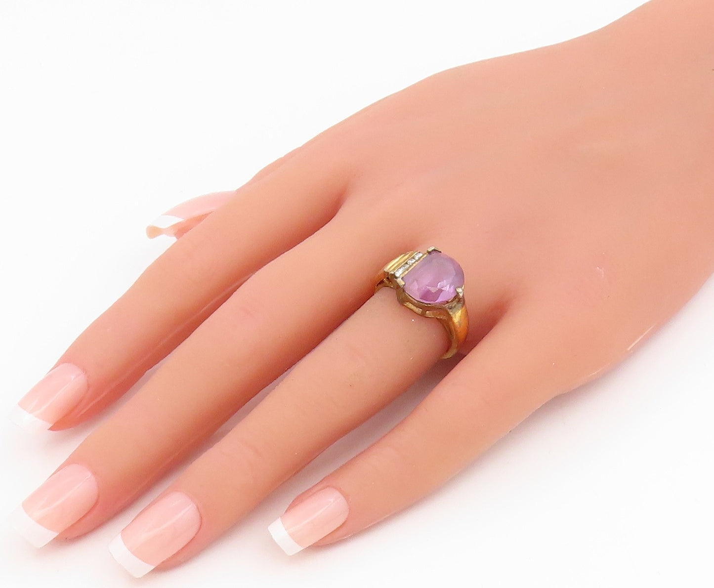 925 Sterling Silver Vintage Ring Gold Plated Amethyst & CZ Band  Sz 7  RG35286