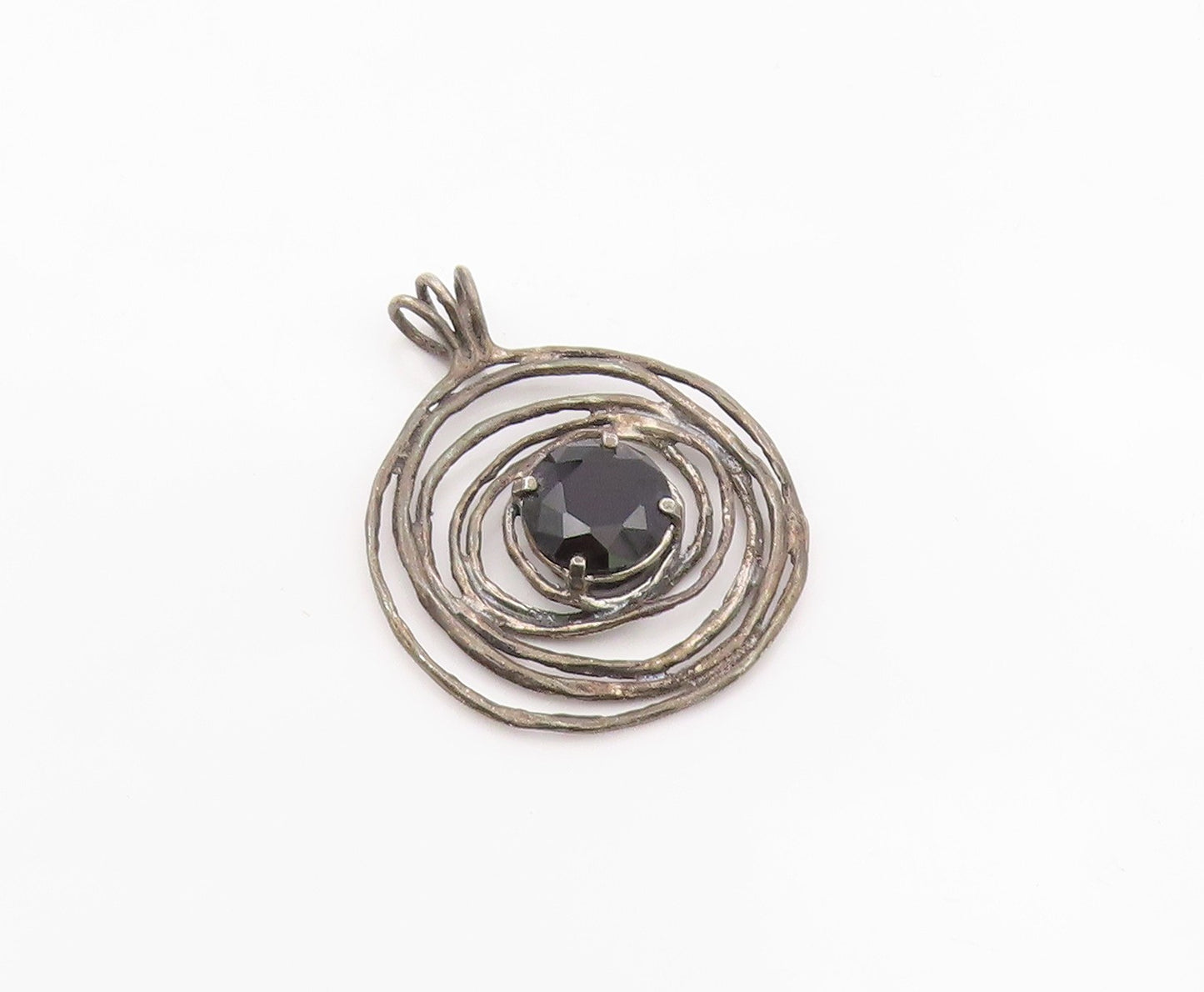 925 Sterling Silver Vintage Pendant ISRAEL Faceted Onyx Spiral Charm  PT26348