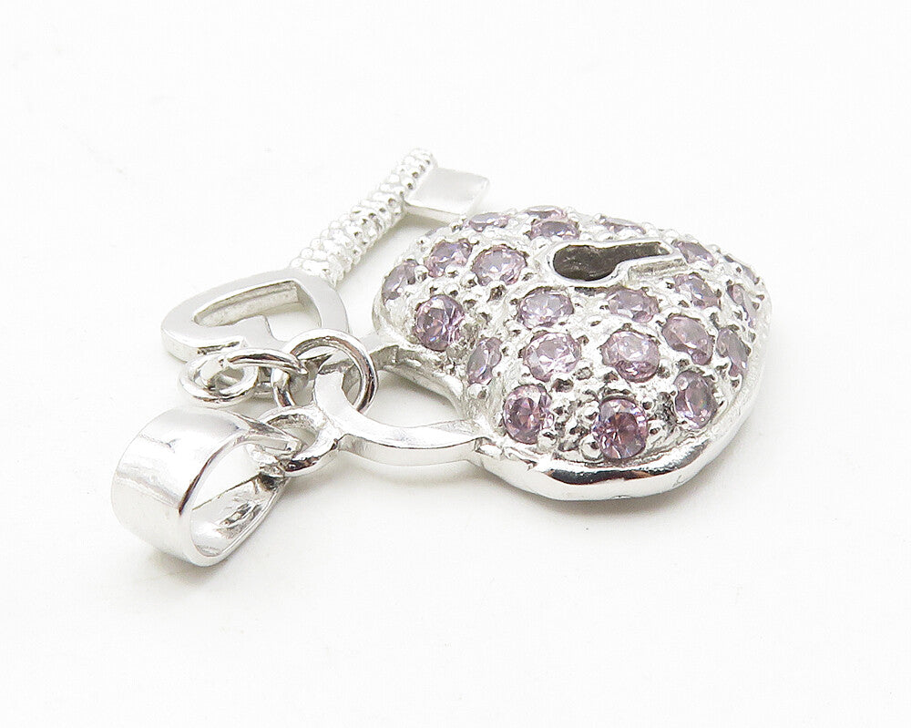 925 Sterling Silver  Pink Cubic Zirconia Love Heart Lock & Key Pendant  PT8086