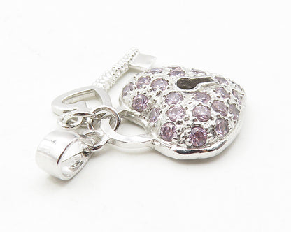 925 Sterling Silver  Pink Cubic Zirconia Love Heart Lock & Key Pendant  PT8086