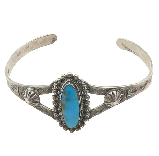 SOUTHWESTERN 925 Silver Vintage Turquoise Floral Petite Cuff Bracelet BT7705