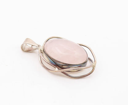 MEXICO 925 Sterling Silver  Vintage Cabochon Cut Rose Quartz Pendant  PT18716