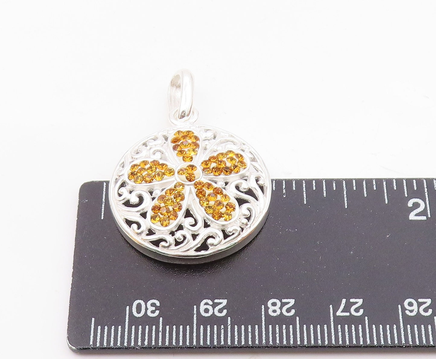 925 Sterling Silver  Citrine Flower Shiny Swirl Round Drop Pendant  PT14551