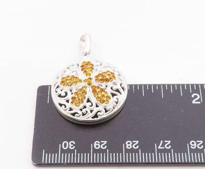 925 Sterling Silver  Citrine Flower Shiny Swirl Round Drop Pendant  PT14551