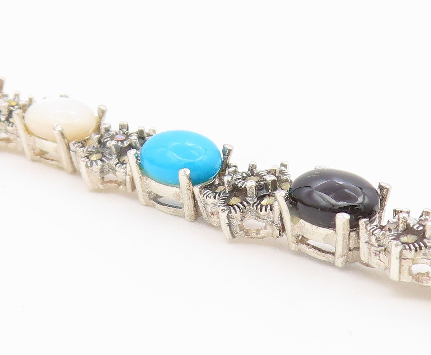 925 Silver  Vintage Turquoise Mother Of Pearl Onyx & Carnelian Bracelet BT3680