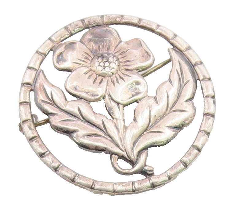 925 Sterling Silver  Vintage Single Flower Motif Round Brooch Pin  BP3785