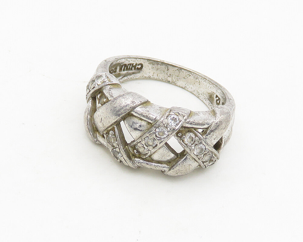 925 Sterling Silver  Vintage Topaz Woven Design Shiny Band Ring Sz 6  RG19022