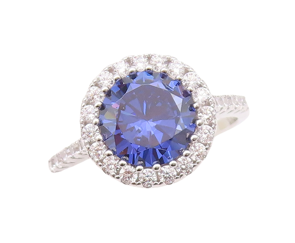 925 Sterling Silver Vintage Ring Round Sapphire & CZ Wedding Ring Sz 7.5 RG30144