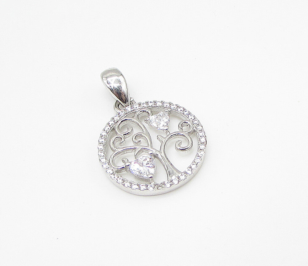 925 Sterling Silver  White Cubic Zirconia Love Heart Tree Drop Pendant  PT1734