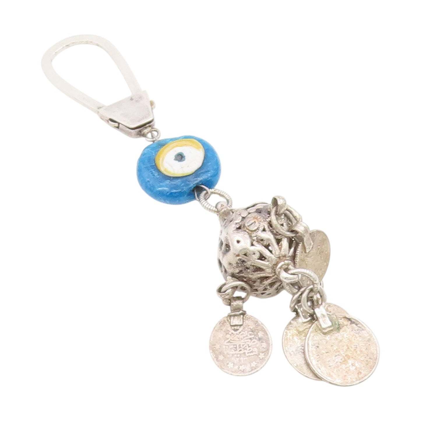925 Sterling Silver Vintage Keychain Hamsa Evil Eye With Dangling Coins  TR4131