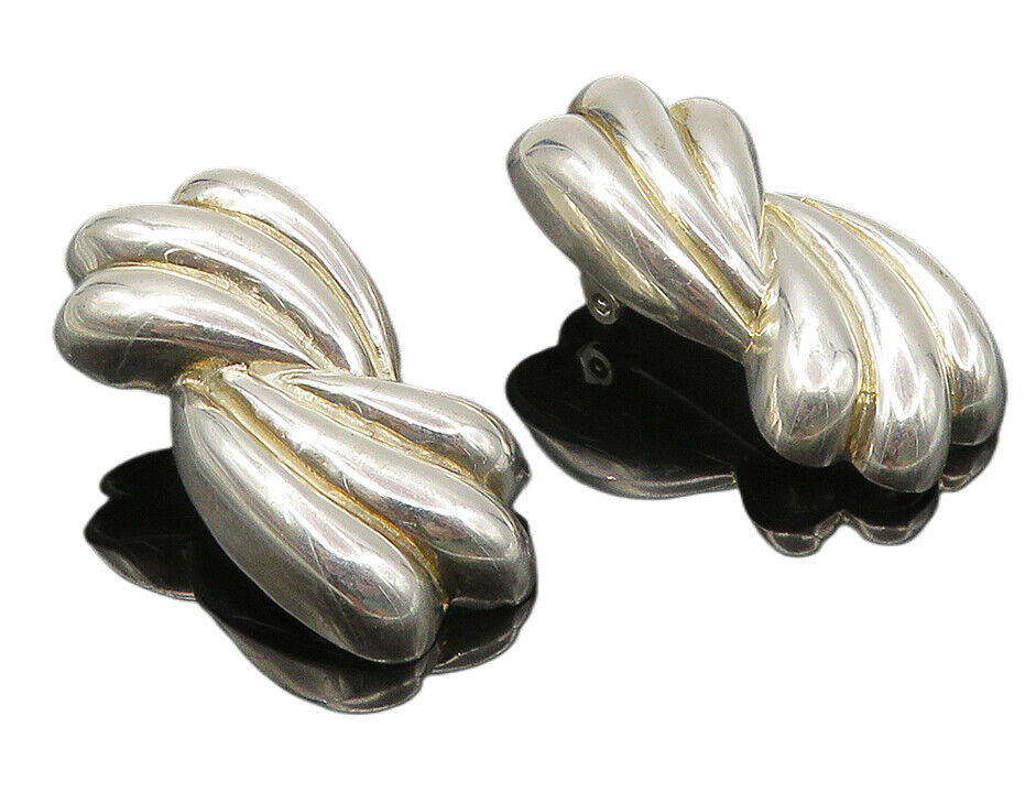 925 Sterling Silver  Vintage Shiny Fluted Non Pierce Drop Earrings  EG5475