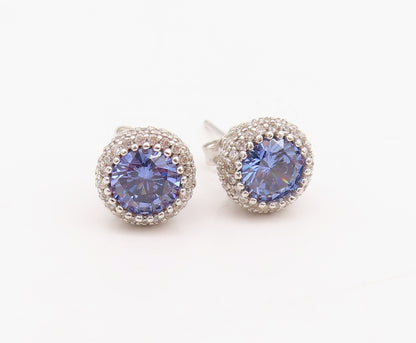 925 Sterling Silver Vintage Earrings Round Blue Halo White Topaz Studs  EG13643