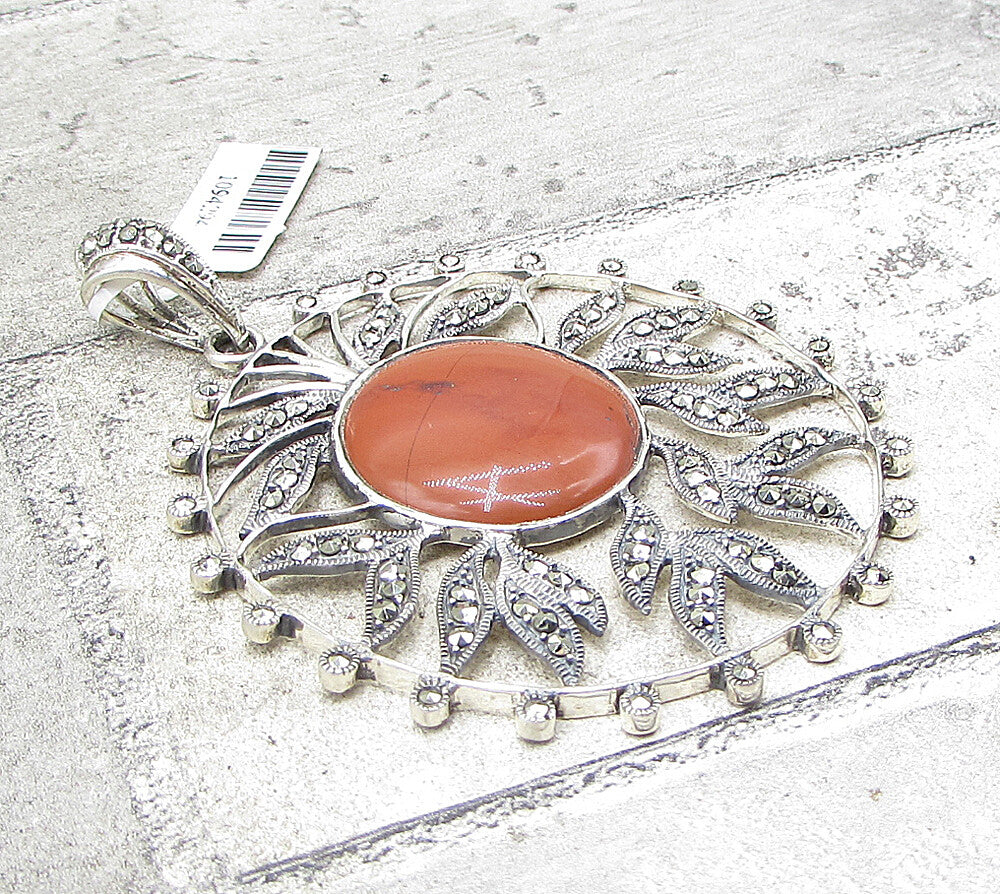 925 Sterling Silver  Red Jasper & Marcasite Floral Drop Pendant  PT1383