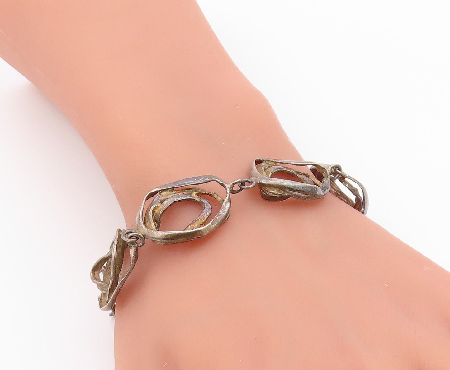 925 Sterling Silver Vintage Bracelet Brutalist Concentric Nest Loop Link BT12199
