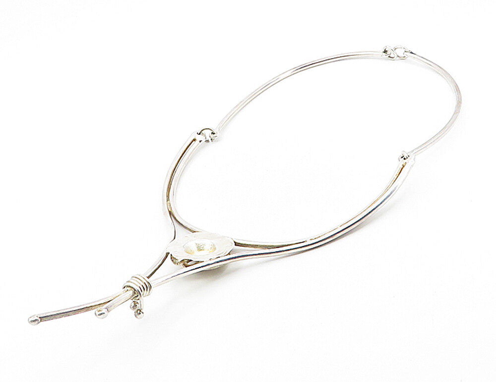 925 Sterling Silver  Vintage Shiny Modernist Flower Collar Necklace  NE1513