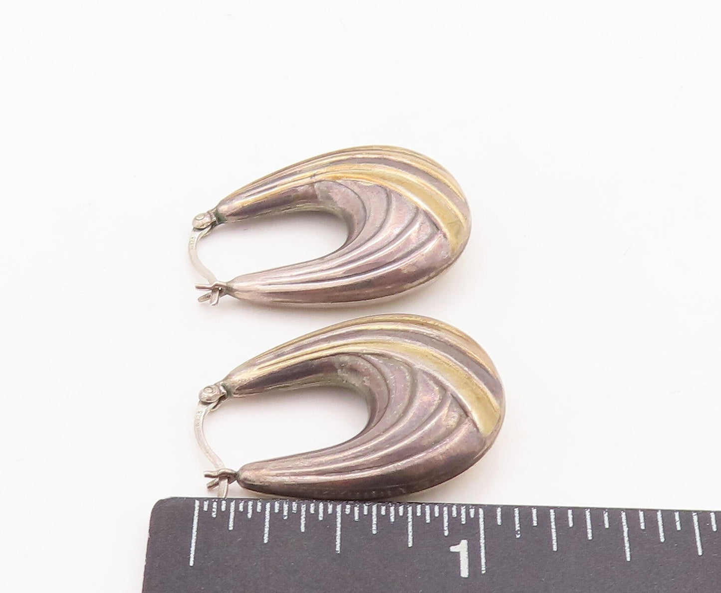 14k Gold 925 Sterling Silver Vintage Earrings Modernist Grooved U Hoop  EG13123