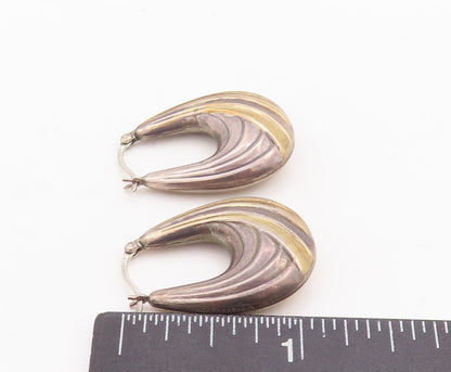 14k Gold 925 Sterling Silver Vintage Earrings Modernist Grooved U Hoop  EG13123