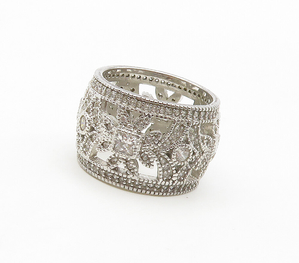925 Sterling Silver  Sparkling Cubic Zirconia Floral Band Ring Sz 7  RG16355
