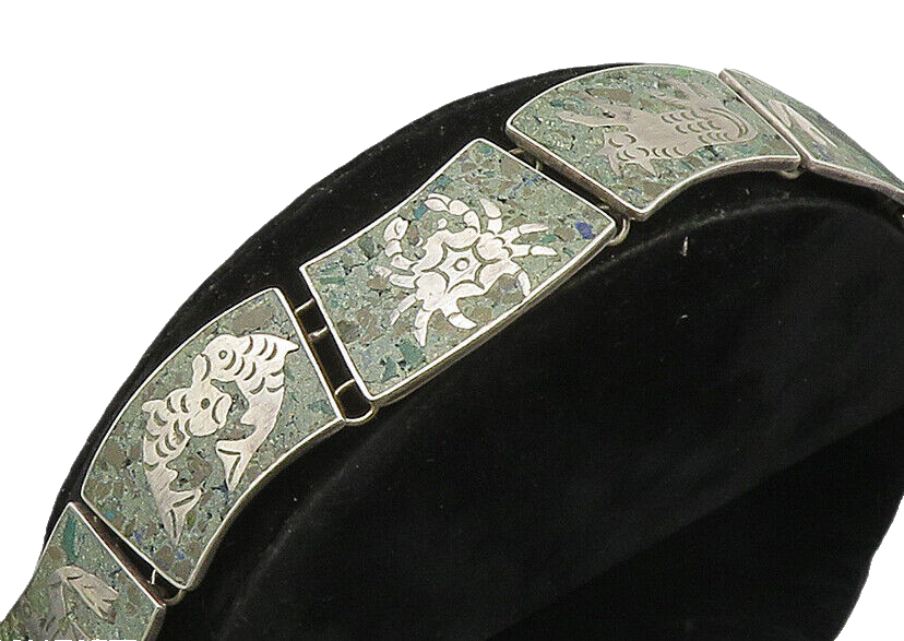 MEXICO 925 Silver  Vintage Etched Animal Green Turquoise Link Bracelet  BT9396