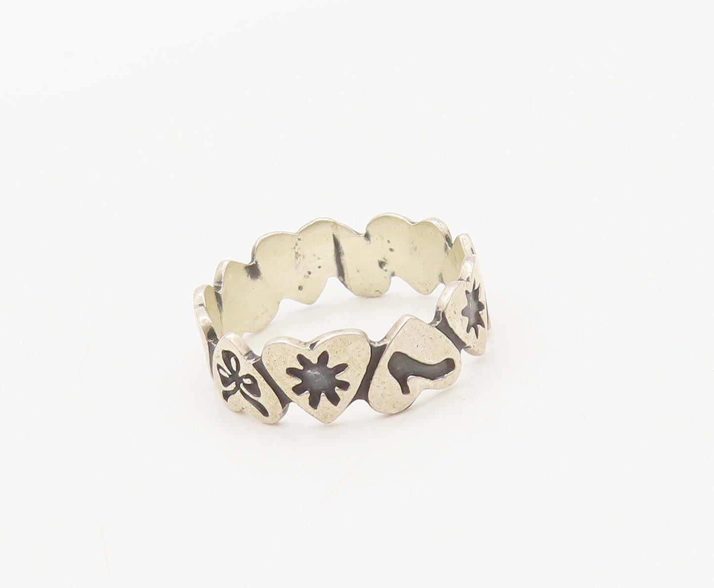 925 Sterling Silver Vintage Ring Up & Down Linked Etched Heart Sz 6.5  RG27686