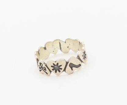 925 Sterling Silver Vintage Ring Up & Down Linked Etched Heart Sz 6.5  RG27686