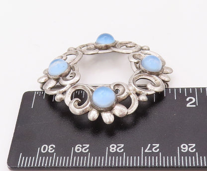 925 Sterling Silver Vintage Brooch Pin Swirly Carved Cat's Eye Wreath  BP11156