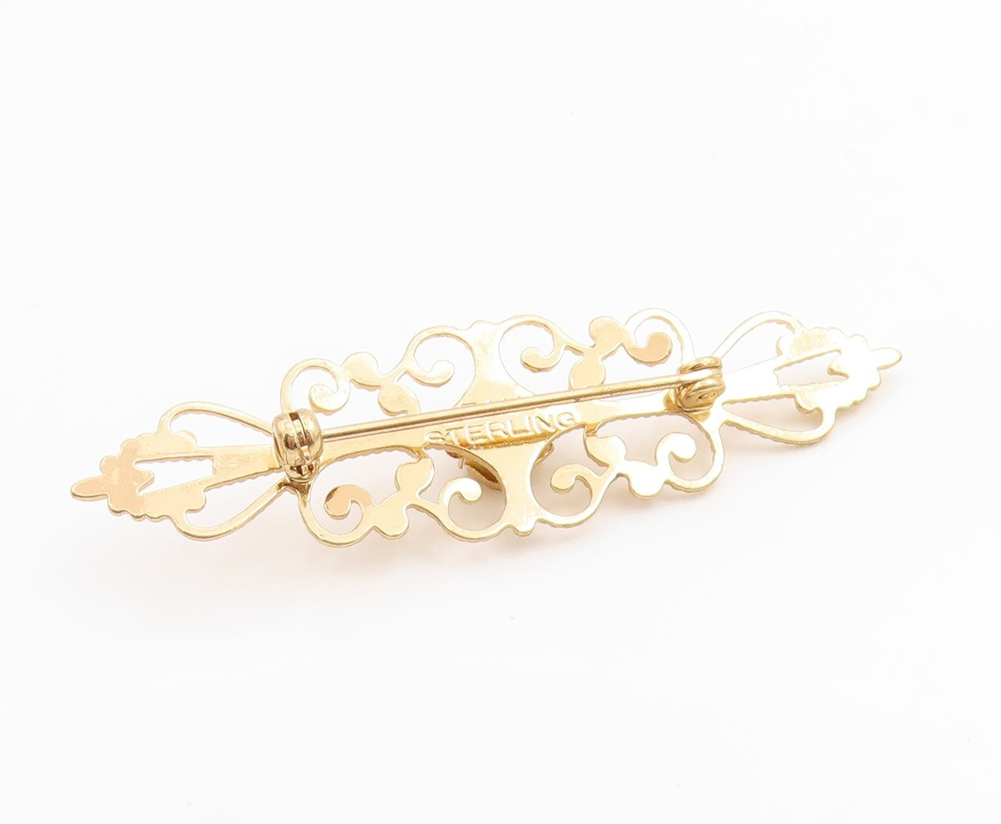 925 Sterling Silver Vintage Brooch BEAU Gold Plated Rose Filigree Pin   BP11973