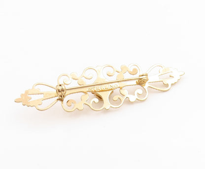 925 Sterling Silver Vintage Brooch BEAU Gold Plated Rose Filigree Pin   BP11973