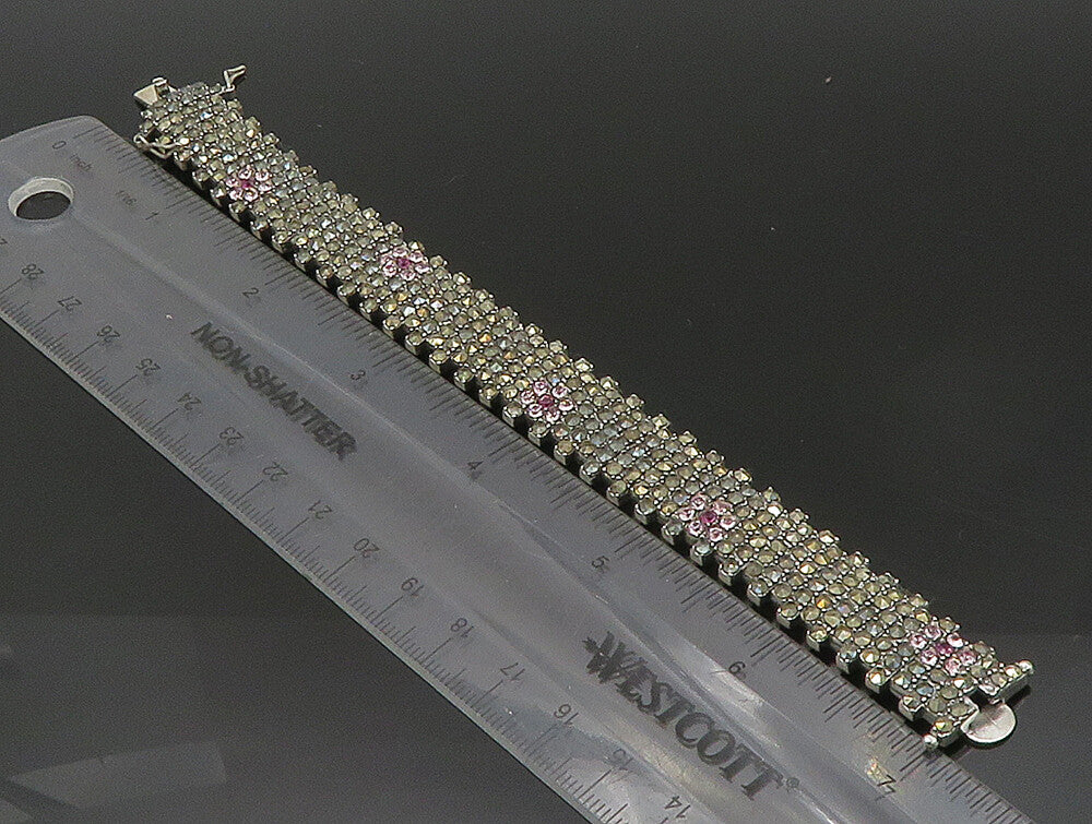 925 Sterling Silver  Topaz & Marcasite Floral Tennis Bracelet  BT1014