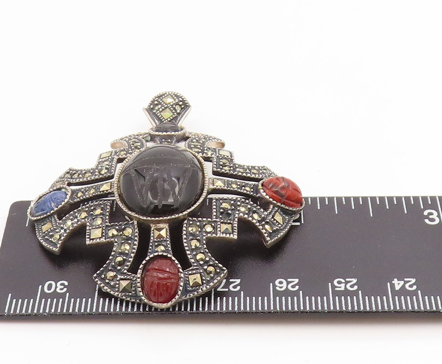925 Sterling Silver Vintage Pendant JUDITH JACK Carved Scarab Gemstone  PT25901
