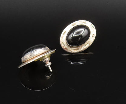 925 Sterling Silver  Vintage Etched Oval Frame Black Onyx Earrings  EG12174