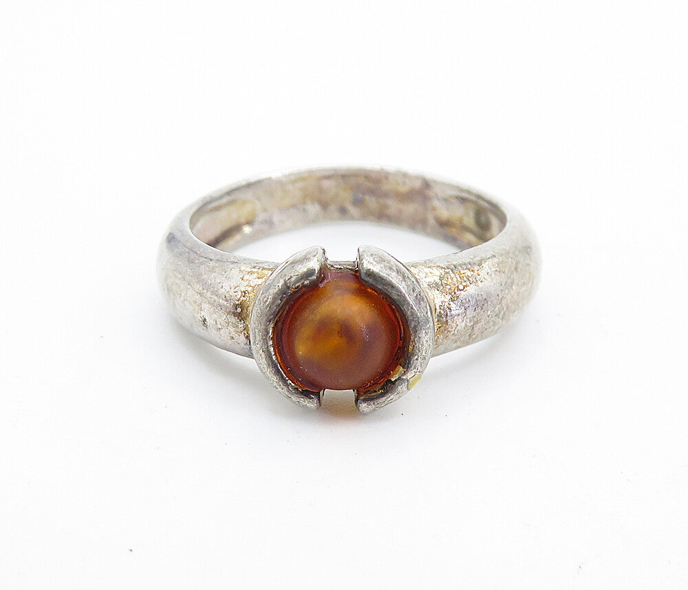 POLAND 925 Silver  Vintage Cabochon Cut Amber Solitaire Ring Sz 8  RG7038
